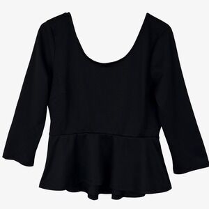 Alloy Apparel Black Peplum Top 3/4 Sleeve Back Bow Scoop Neck Coquette Siren XL